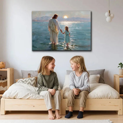 jesus and little girl on the water christian wall art canvas (Landscape) (view 2)
