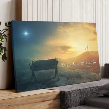 christian wall art canvas be still and know psalm 46 10 manger cross star (Landscape)