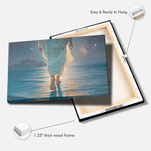 jesus walking on water christian wall art canvas calm sea glowing night sky (Landscape)