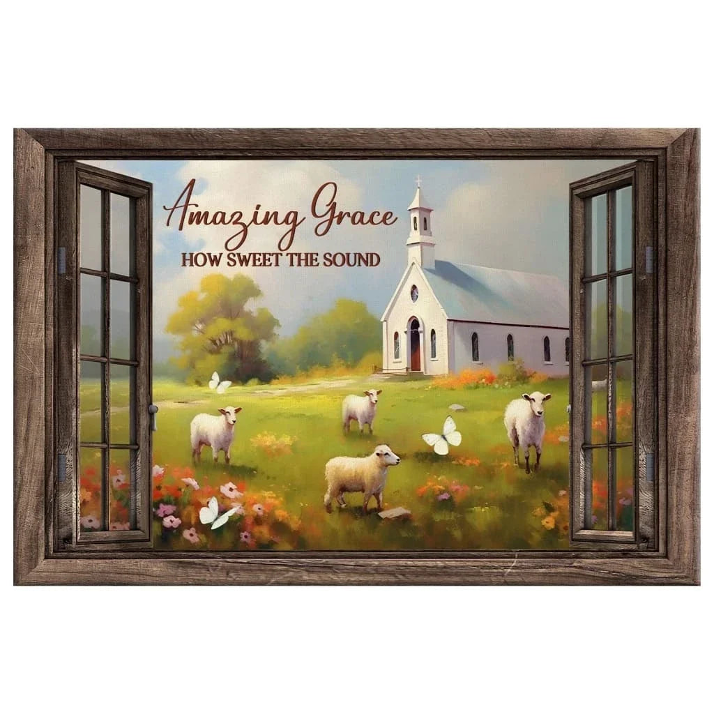christian wall art amazing grace how sweet the sound canvas sheep church in field (Landscape)