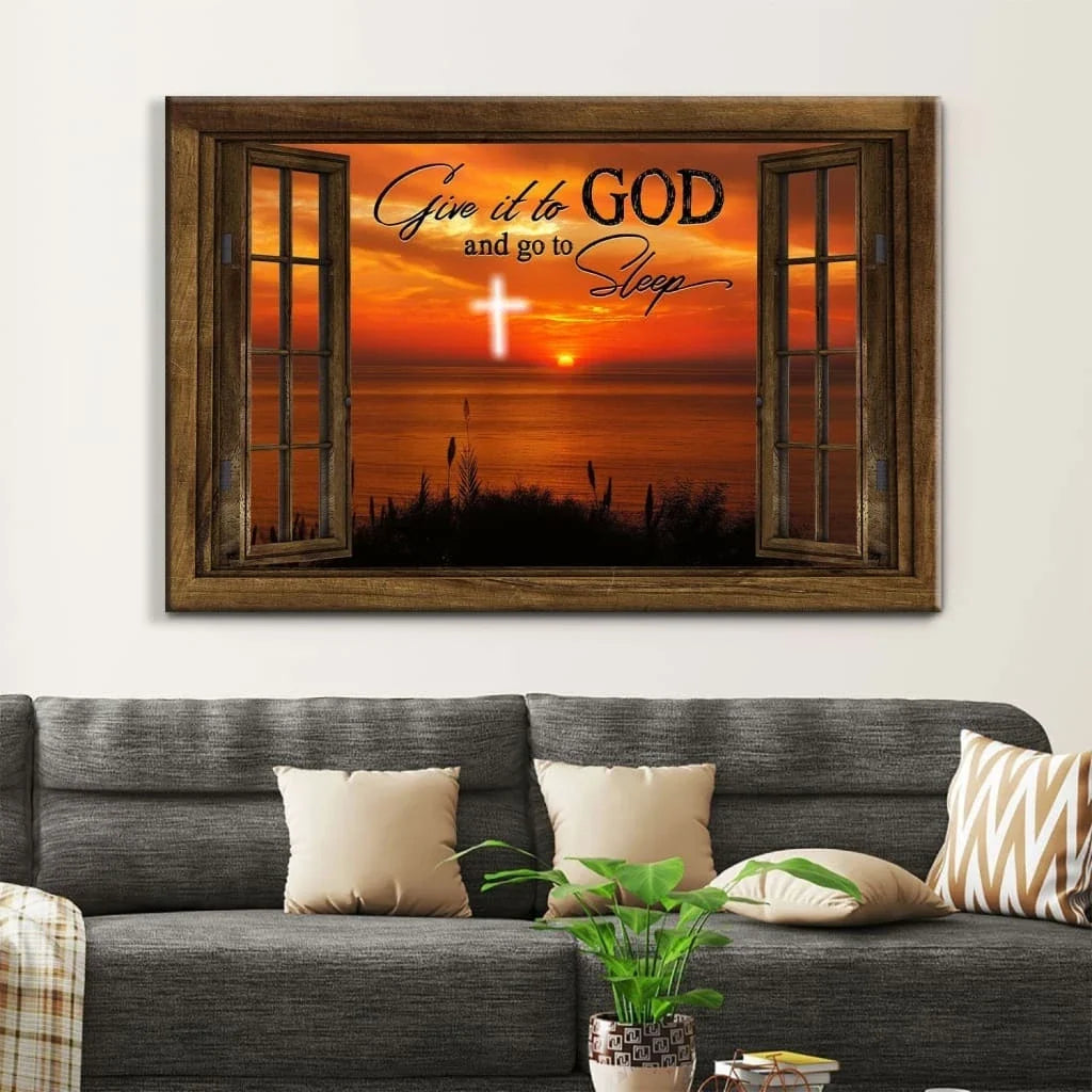 give it to god and go to sleep cross sunset wall art canvas print (Landscape) (view 2)