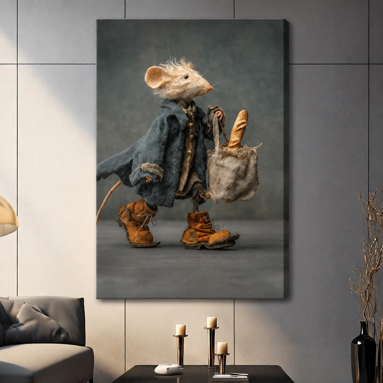 Dapper Mouse with Baguette Fantasy Canvas Wall Art