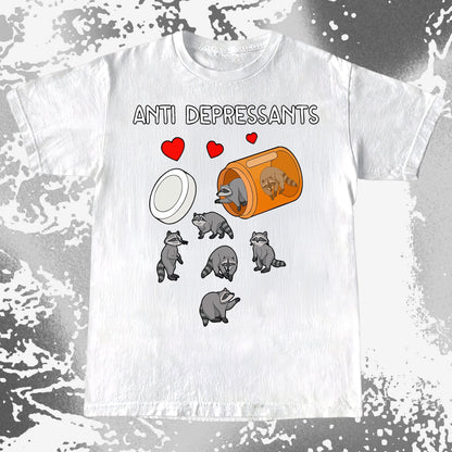 Anti Depressants Raccoon Shirt – Soft Dark Humor Mental Health Art, funny meme tee gift (view 3)