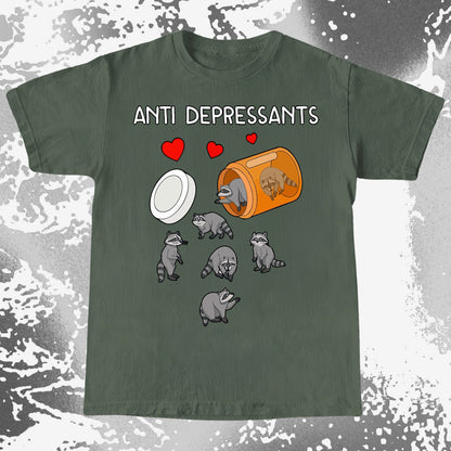 Anti Depressants Raccoon Shirt – Soft Dark Humor Mental Health Art, funny meme tee gift (view 6)