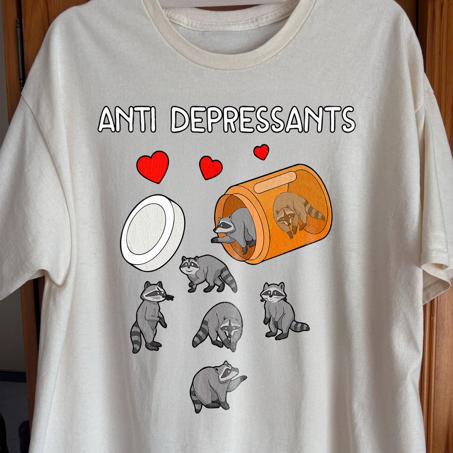 Anti Depressants Raccoon Shirt – Soft Dark Humor Mental Health Art, funny meme tee gift (view 2)