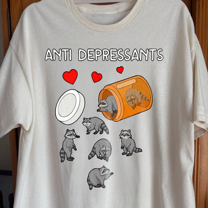 Anti Depressants Raccoon Shirt – Soft Dark Humor Mental Health Art, funny meme tee gift (view 2)
