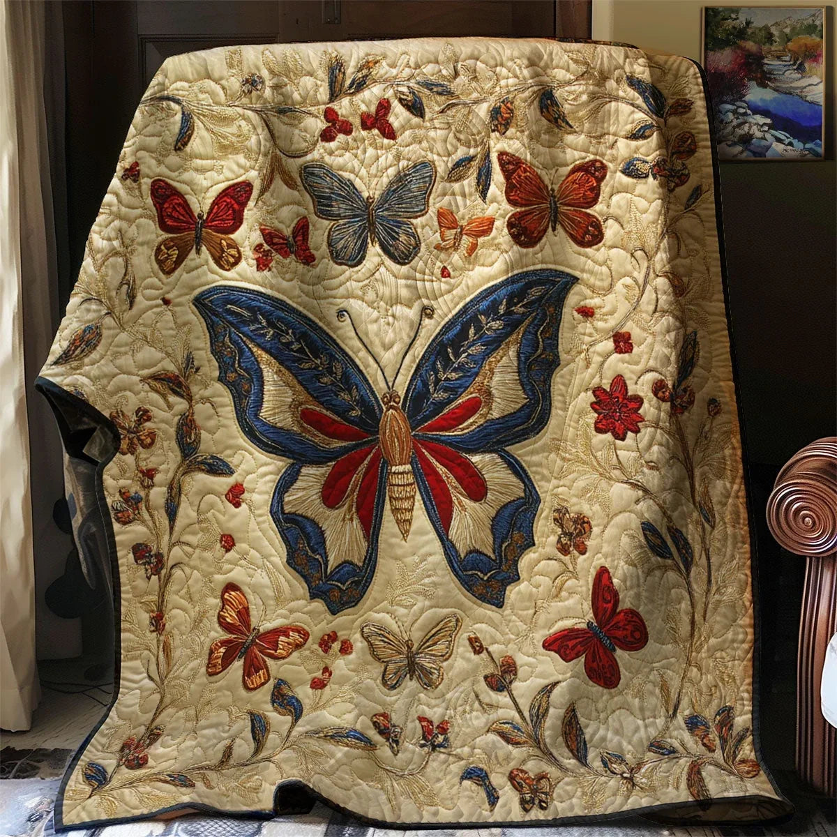 Antique Embroidered Butterfly Quilt Blanket