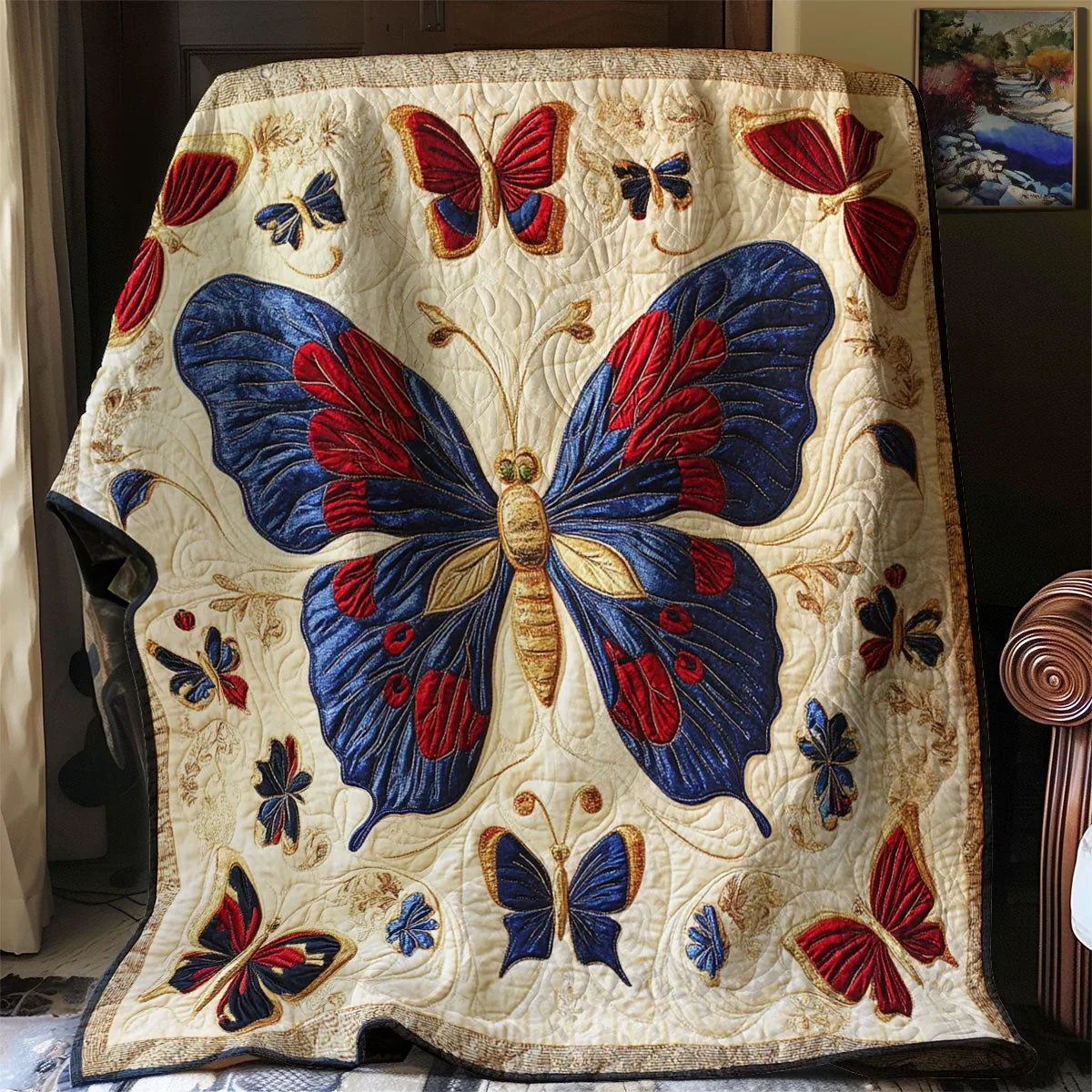 Antique Embroidered Butterfly Quilt Blanket