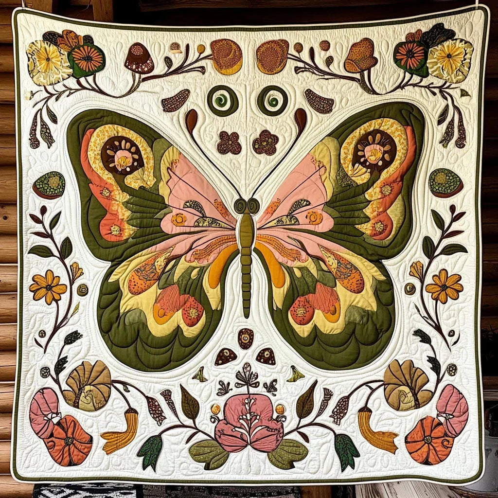 Antique Embroidered Butterfly Quilt Blanket