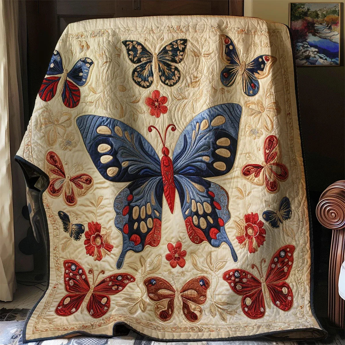 Antique Embroidered Butterfly Quilt Blanket