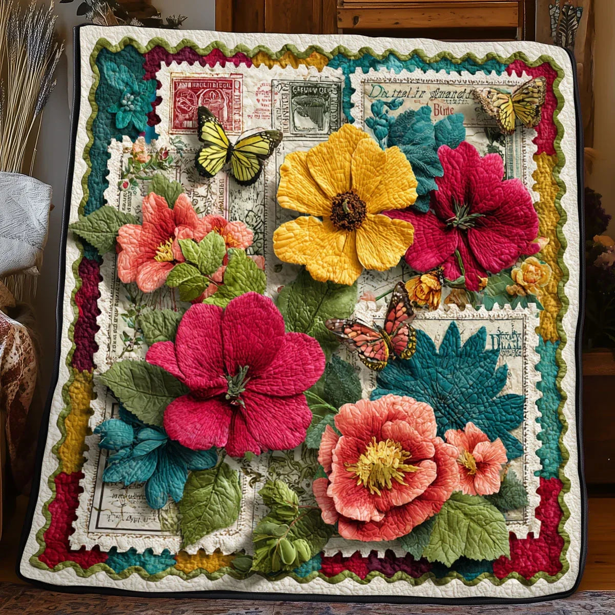 Antique Stamp Botanicals Quilt Blanket