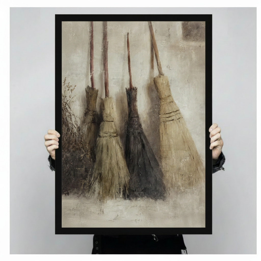 Antique Witch Brooms Gothic Canvas Wall Art
