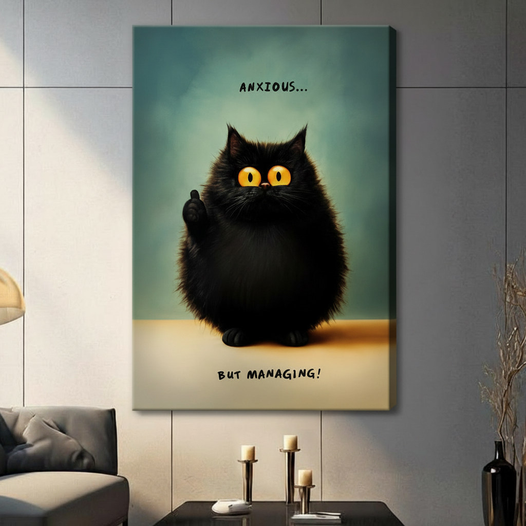 Anxious But Managing Black Cat Canvas Art Wall Art