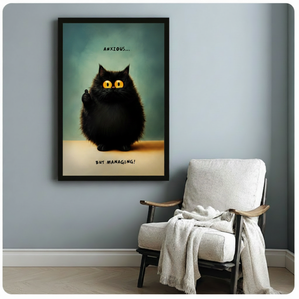 Anxious But Managing Black Cat Canvas Art Wall Art