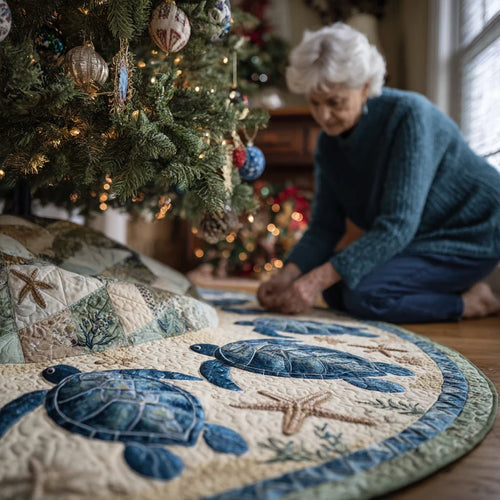 Aqua Spirit Turtle Christmas Quilted Tree Skirt