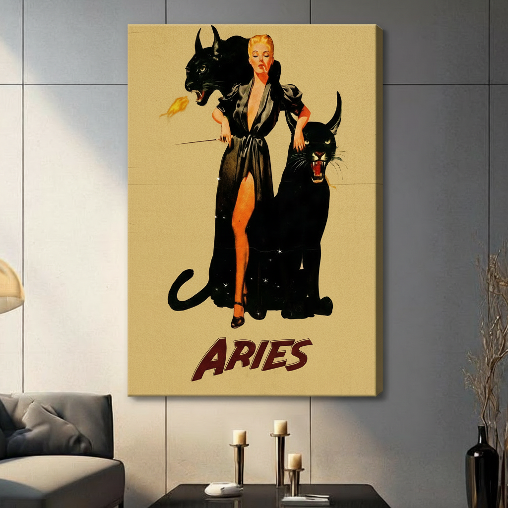 Aries Zodiac Black Panther Vintage Canvas Art