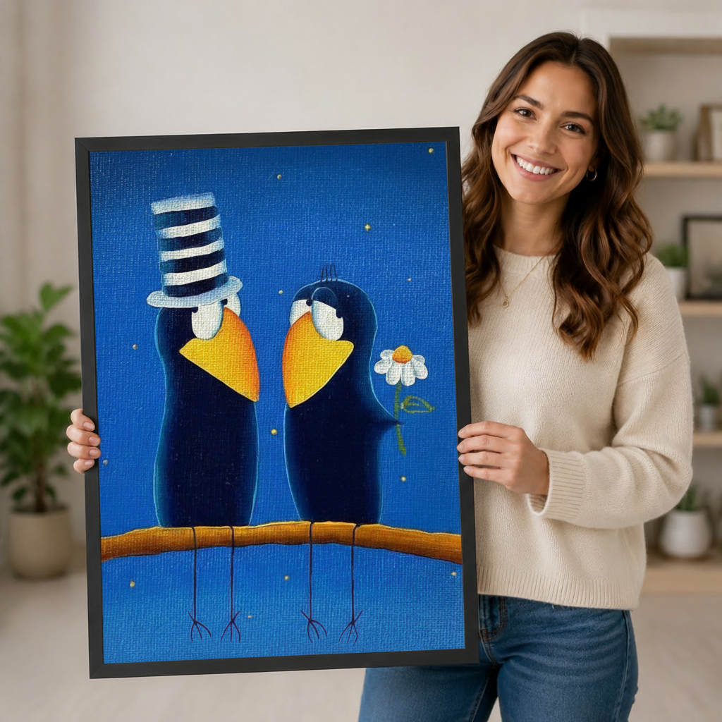 Love Birds Folk Art Blue Canvas Wall Art