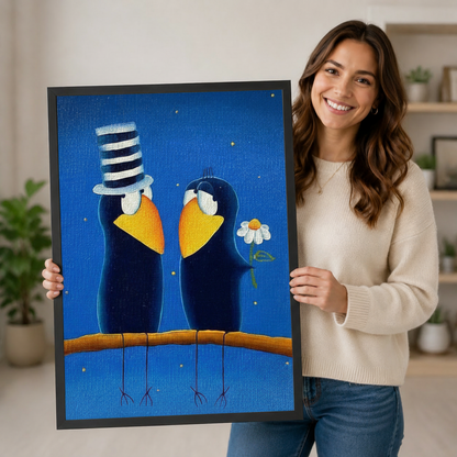Love Birds Folk Art Blue Canvas Wall Art