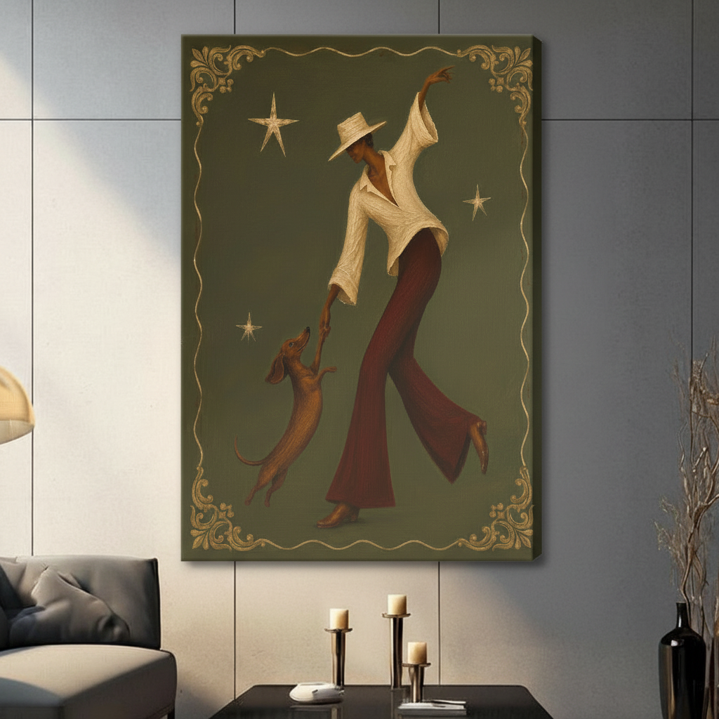 Retro Cowgirl Dachshund Dance Gold Canvas Art
