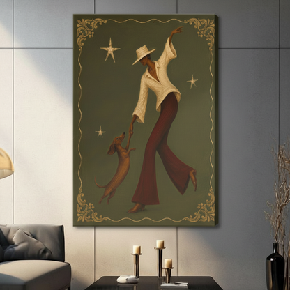 Retro Cowgirl Dachshund Dance Gold Canvas Art