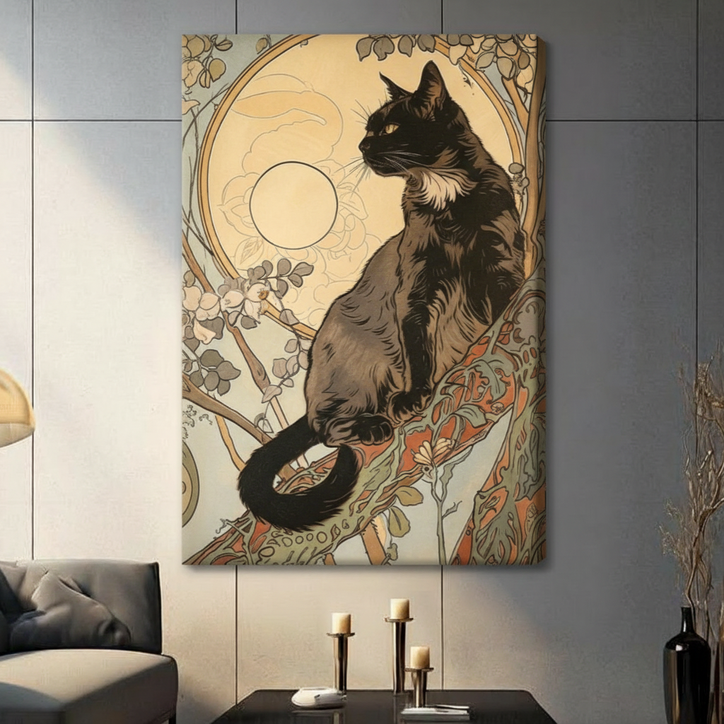 Art Nouveau Black Cat Moon Vintage Canvas Art