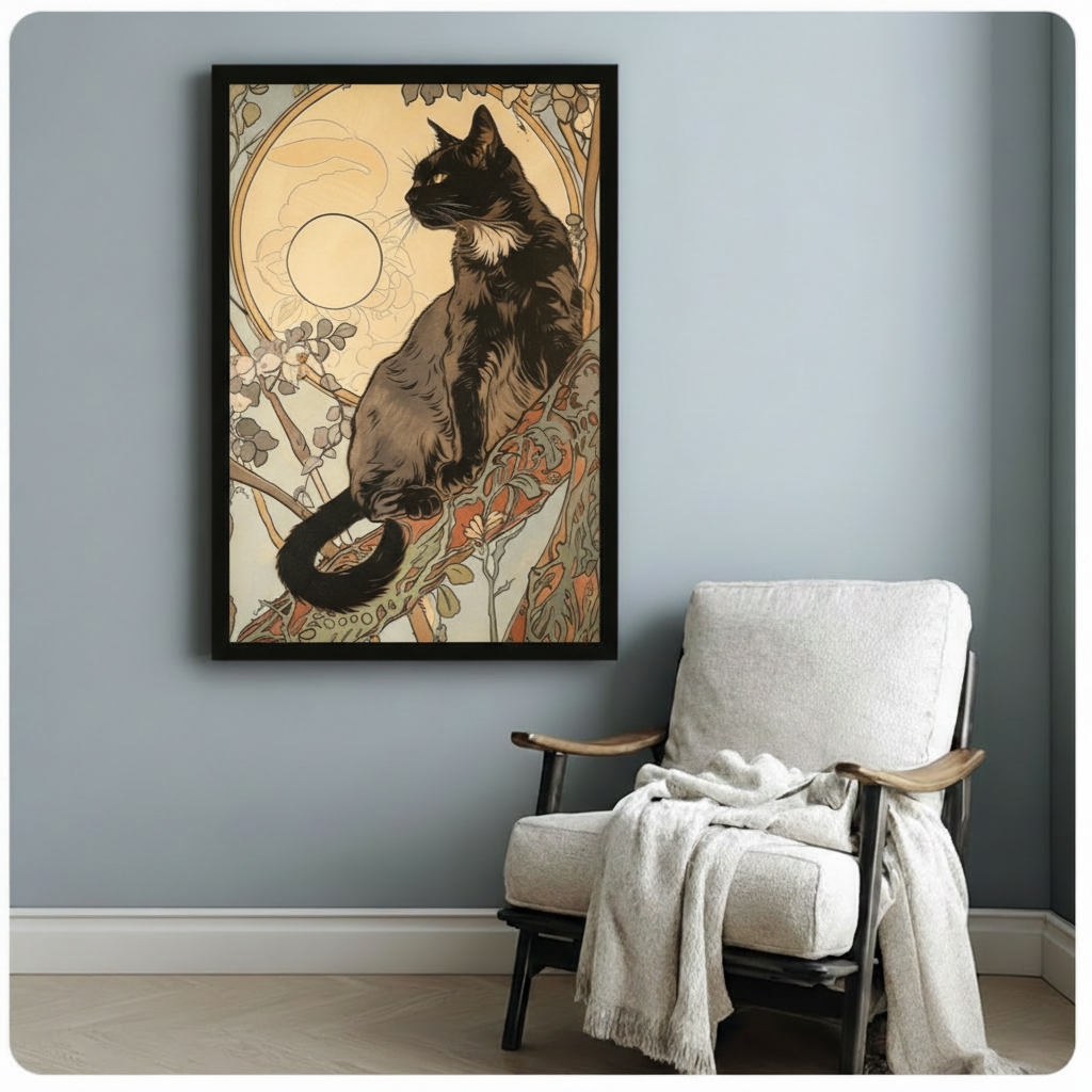 Art Nouveau Black Cat Moon Vintage Canvas Art