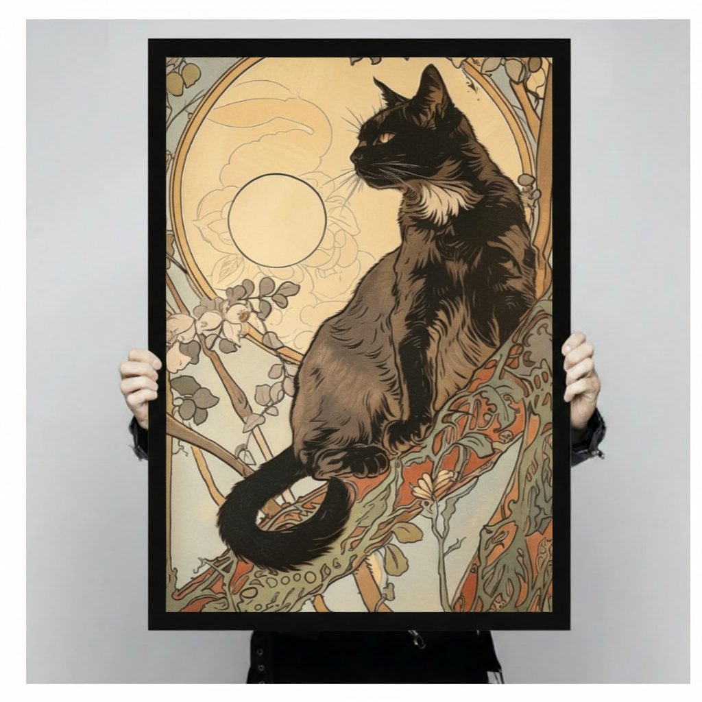 Art Nouveau Black Cat Moon Vintage Canvas Art