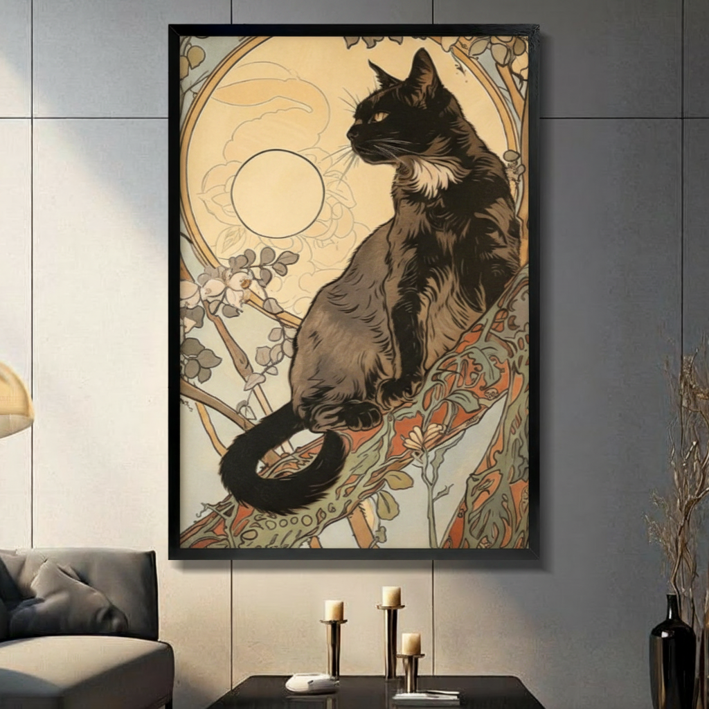 Art Nouveau Black Cat Moon Vintage Canvas Art