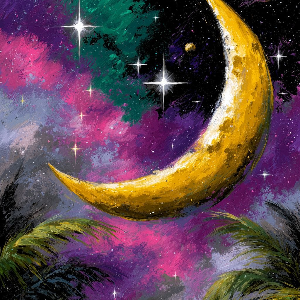 Golden Crescent Cosmic Nightscape Canvas Wall Art