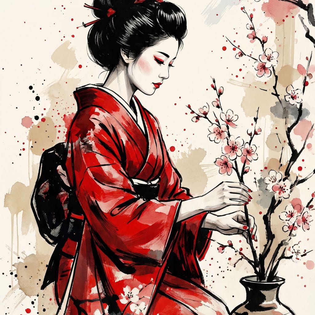 Japanese Woman with Cherry Blossoms Canvas Wall Art