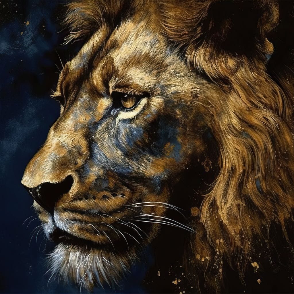 Golden Lion on Blue Background Canvas Wall Art