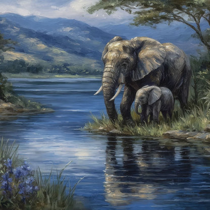 Elephant Family Riverbank Dream Canvas Wall Art