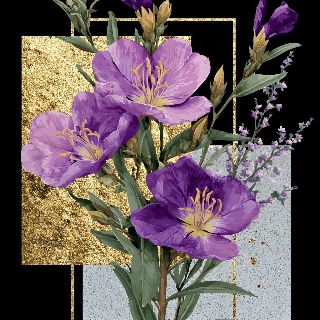 Golden Frame Violet Blossoms Canvas Wall Art