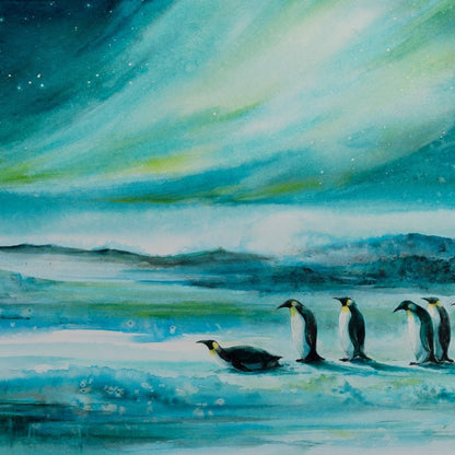 Penguins Under the Aurora Borealis Canvas Wall Art