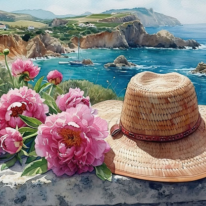 Seaside Blooms and Straw Hat Canvas Wall Art