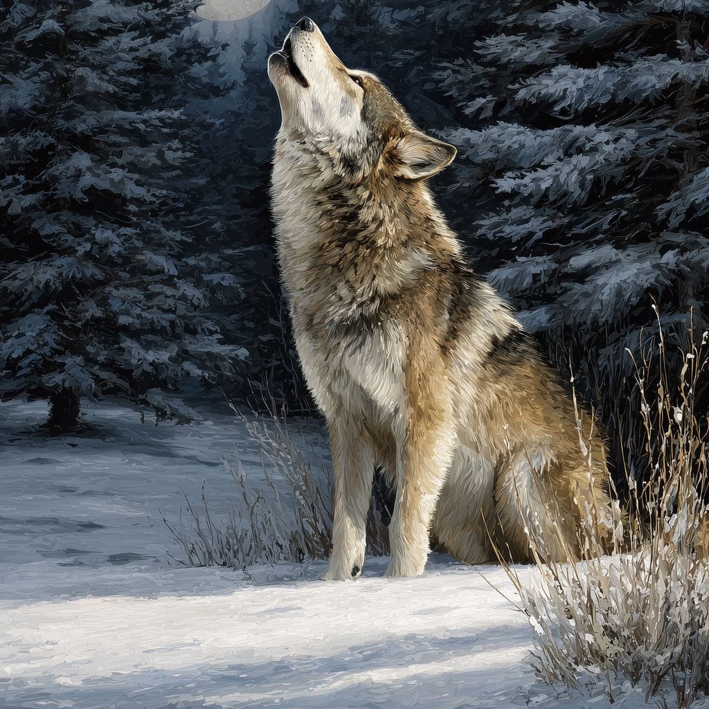 Moonlit Wolf Winter Howl Night Canvas Wall Art
