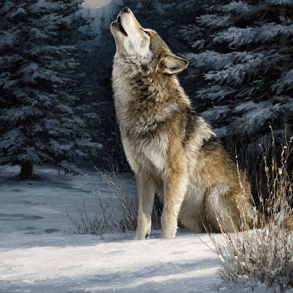 Moonlit Wolf Winter Howl Night Canvas Wall Art