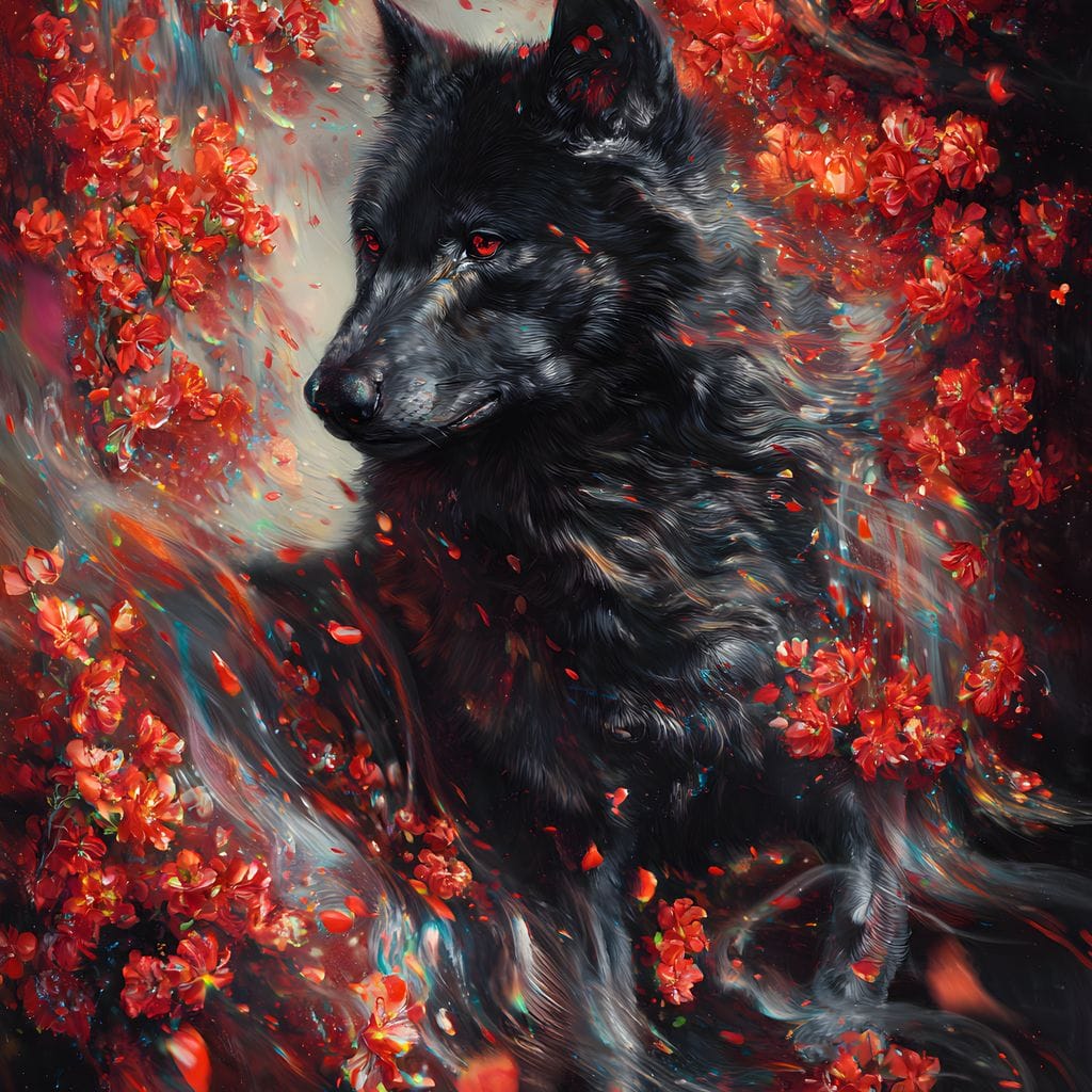 Black Wolf Rose Petal Storm Canvas Wall Art