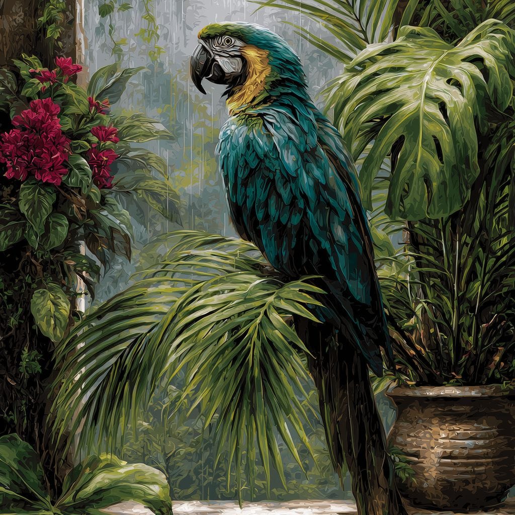 Rainforest Macaw Perch Scene Canvas Wall Art