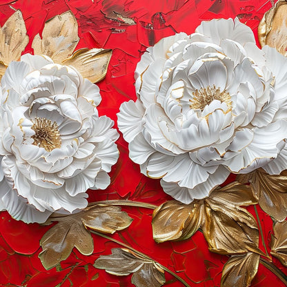 Golden Petals on Ruby Waves Canvas Wall Art