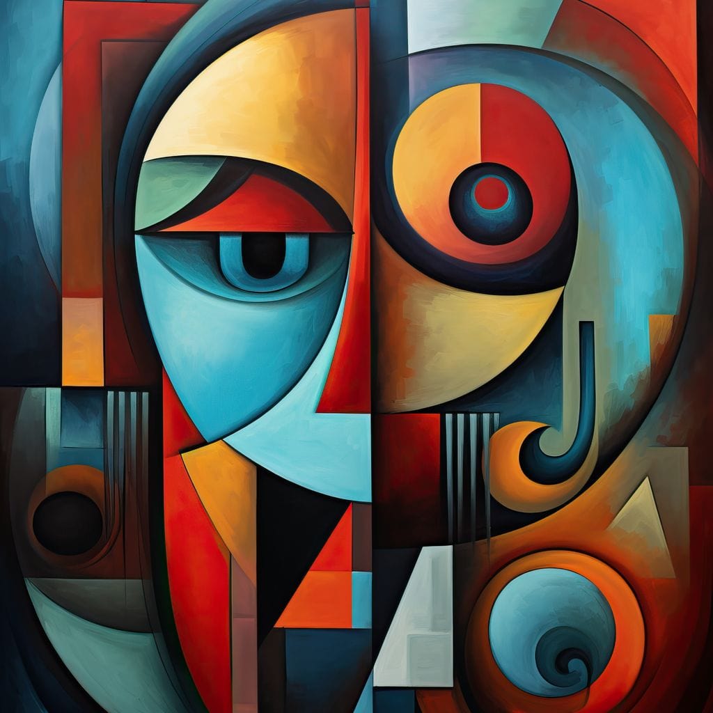 Scarlet, Sienna, and Mustard Cubism Canvas Wall Art