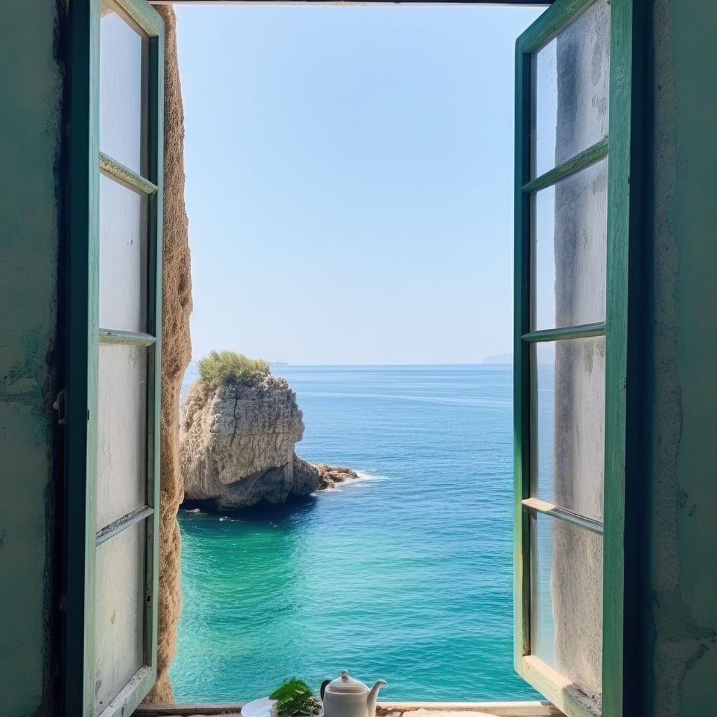 Oceanic Vista Through Wooden Pane Canvas Wall Art