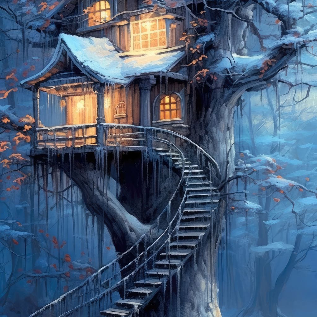 Winter Tree House Canvas Wall Art