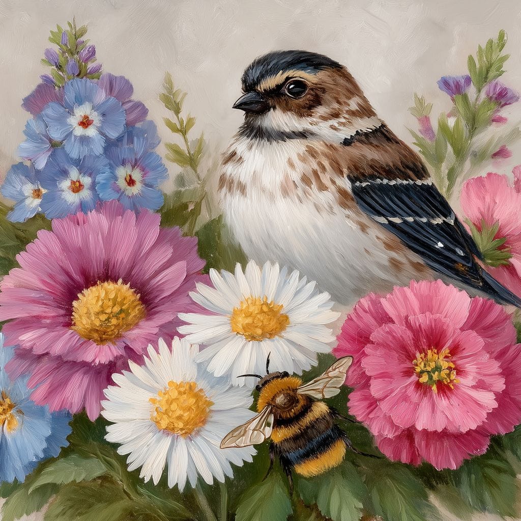 Garden Sparrow and Bumblebee Canvas Wall Art