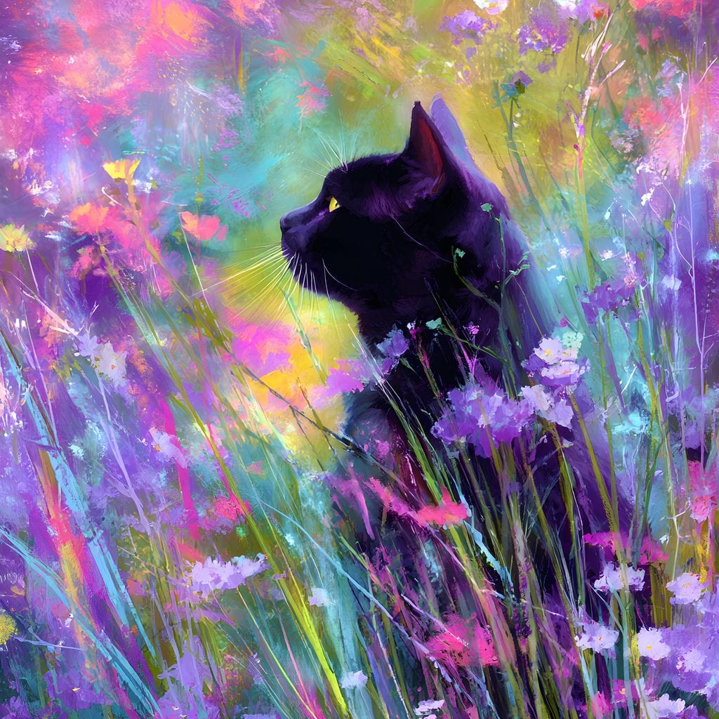 Midnight Feline Among Wildflowers Canvas Wall Art