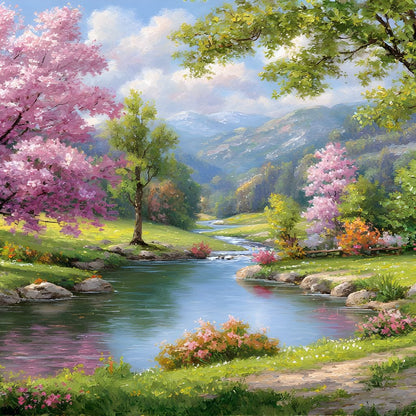 Spring Blossom Mountain Stream Canvas Wall Art