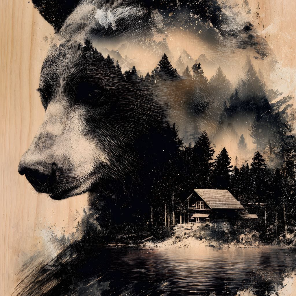 Bear Forest Cabin Reflections Canvas Wall Art