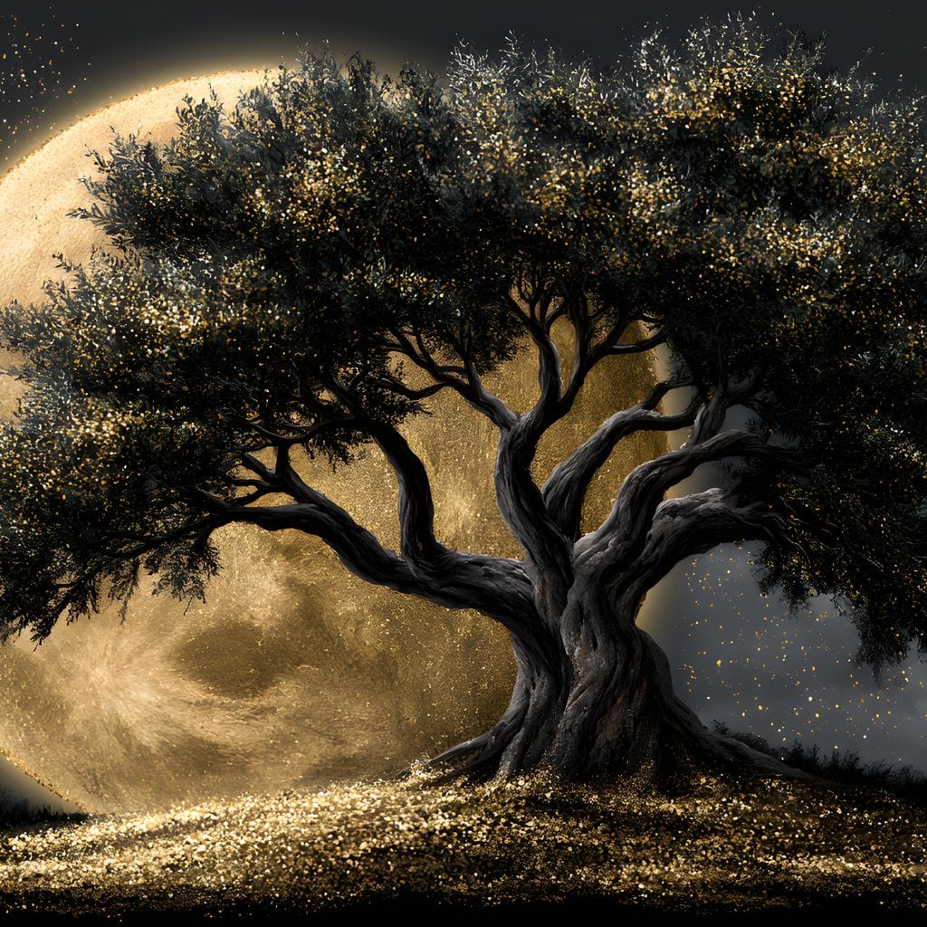 Gilded Roots Beneath A Radiant Moon Canvas Wall Art