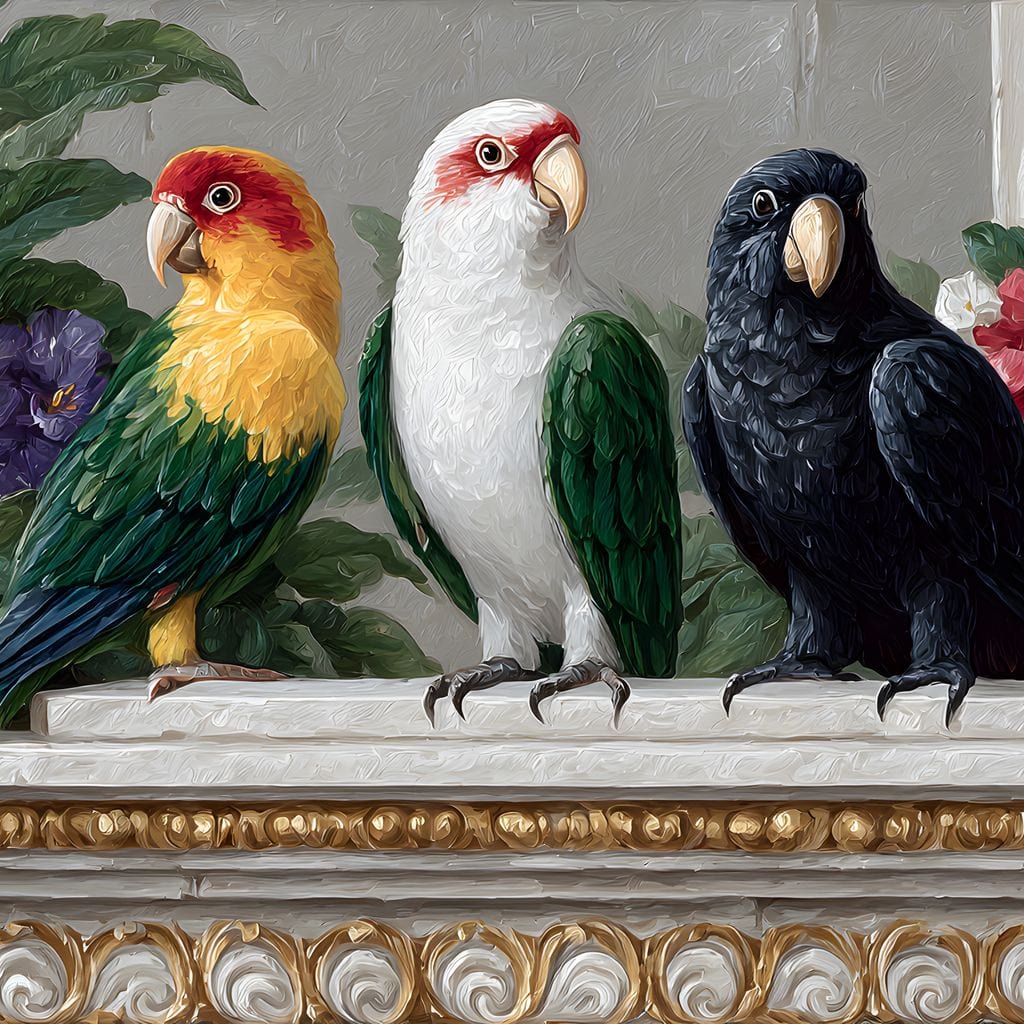 Parrot Trio On Florid Ledge Canvas Wall Art