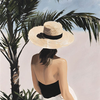 Coastal Palm Retreat Woman Hat Canvas Wall Art